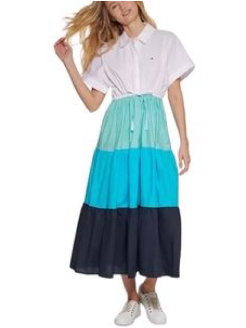 Tommy Hilfiger Colorblock Tiered Maxi Dress Size XL White, Mint,Turquoise & Navy